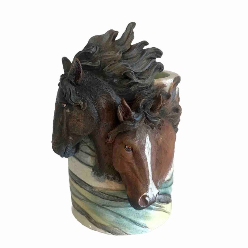 Wild Horses Brown Mustangs 3D Sculpted Heads on Pencil Pen Cup Blue Desk Decor